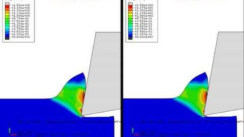 Abaqus CAE explicit coupled orthogonal cutting frictionless vs. friction PEEQ 2