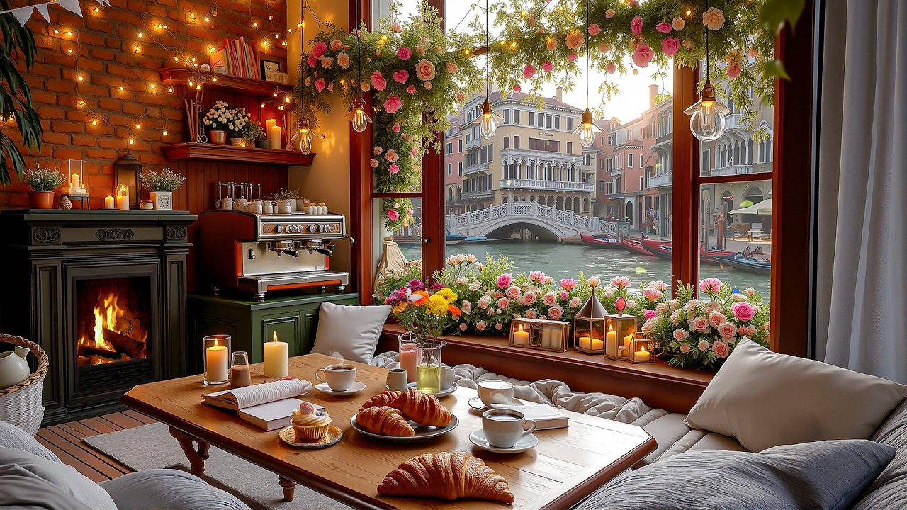 Warm Spring Morning Coffee Shop ☕🌸🎷 Cozy Fireplace Sounds & Jazz Music for Focus & Work