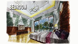 HOW TO DRAW 2 POINT PERSPECTIVE OF A BEDROOM INTERIOR.