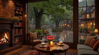 Beautiful Rainy Café Ambience With Soft Jazz Melodies ☕ Warm Fire Glow For Productive Sessions screenshot 2