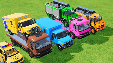 TRANSPORTING POLICE CARS, AMBULANCE, FIRE TRUCK, COLORFUL CARS WITH TRUCK GAME FARMING SIMULATOR 22