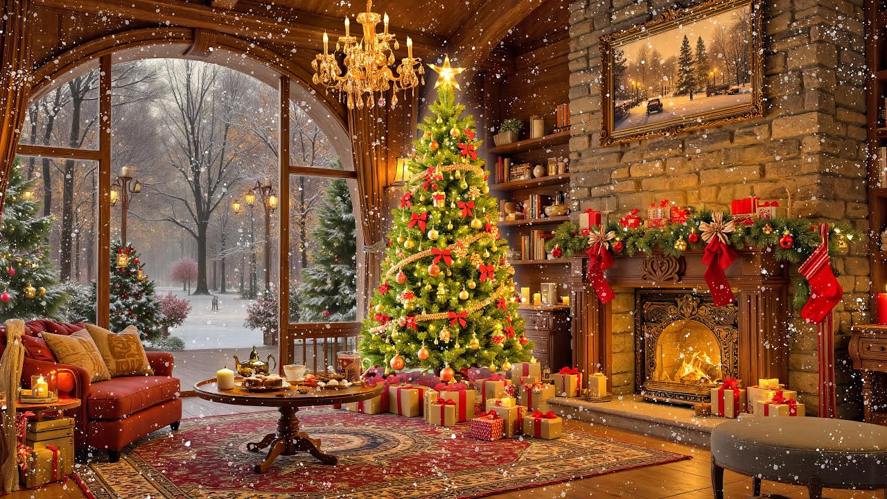 Instrumental Christmas Music with Cracking Fireplace 🔥 Relaxing Christmas Music Ambience🎄