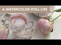 Flowers and a cup in watercolor — Work in progress — Still life