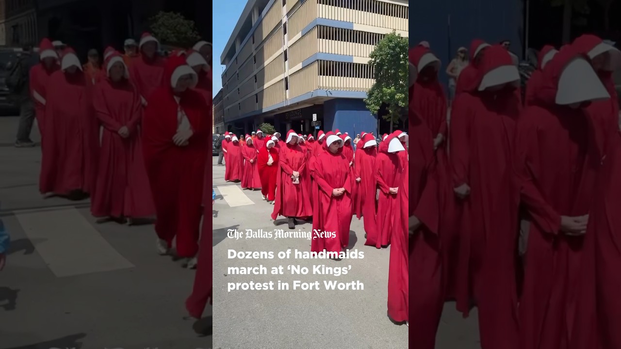 Dozens of handmaidens march at ‘No Kings’ protest in Fort Worth