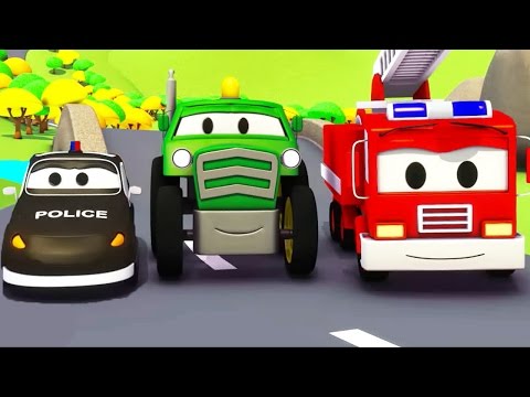 The Car Patrol fire truck and police car and the Tractor in Car City Trucks cartoon for children