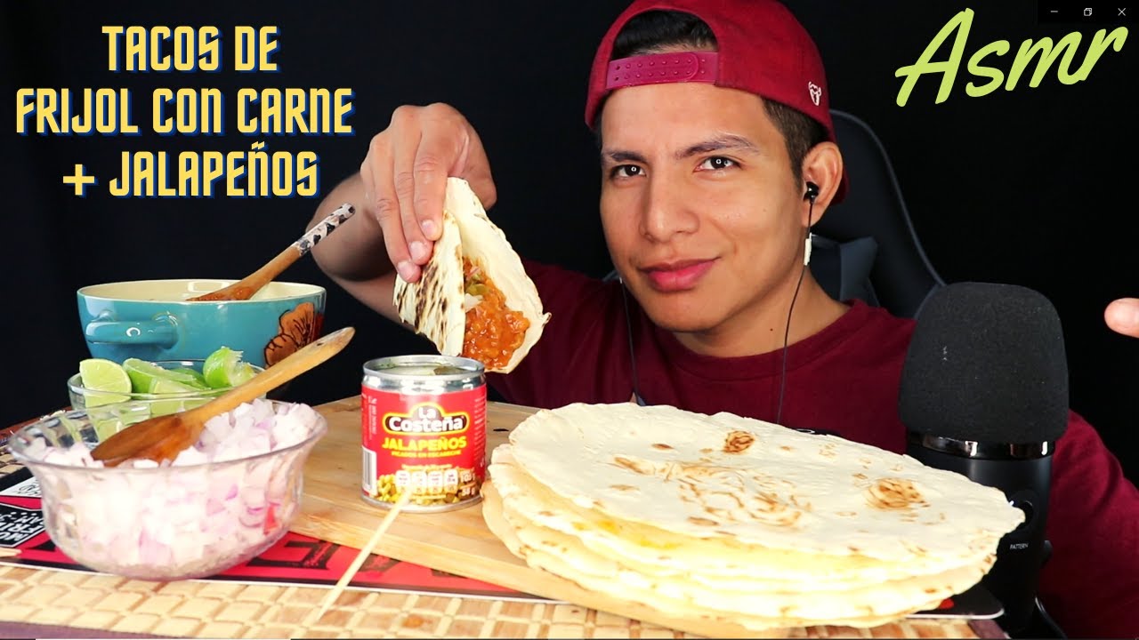 ASMR TACOS DE FRIJOL CON CARNE + JALAPEÑO DE LATA