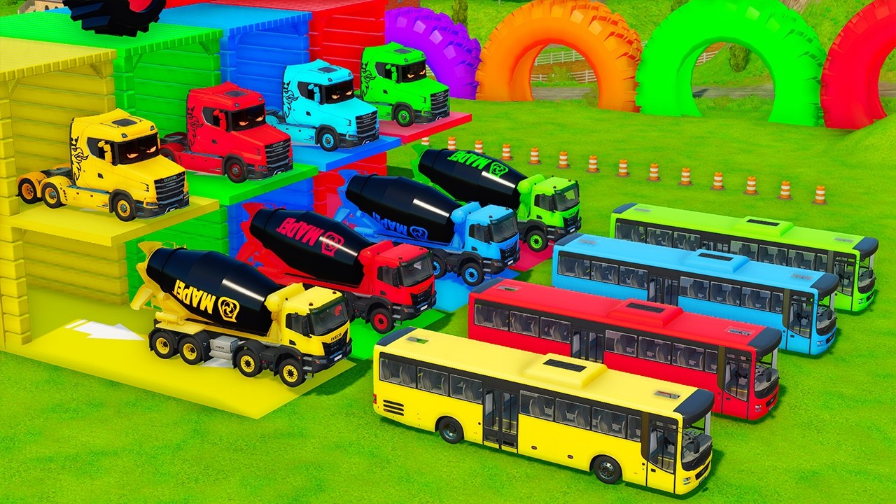 Garage with Colors - ALL MIXER TRUCK WITH DOUBLE FLATBED TRAILER TRUCK, KENWORTH, MAN - FS22