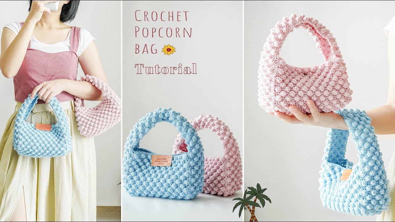 【簡單鉤針編織】可愛的爆米花針法手提包｜初學者也能輕易完成的泡泡雲朵☁️包  crochet the cutest popcorn bag