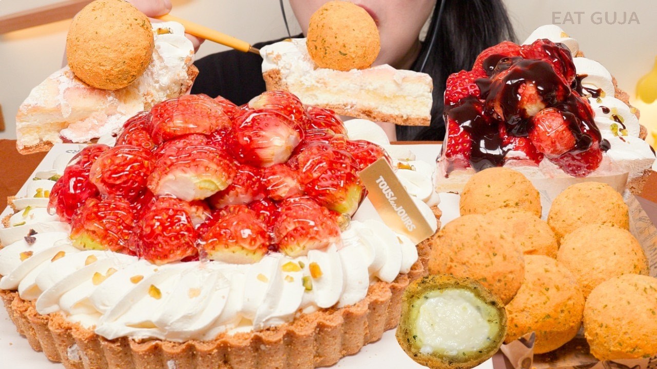 이 조합 완벽 단짠!🧀 스트로베리 타르트 케이크+뿌링 카이막 치즈볼 ASMR Eating Sound