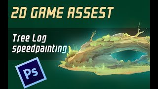 2d game asset(tree log with grasses) speed painting in Photoshop