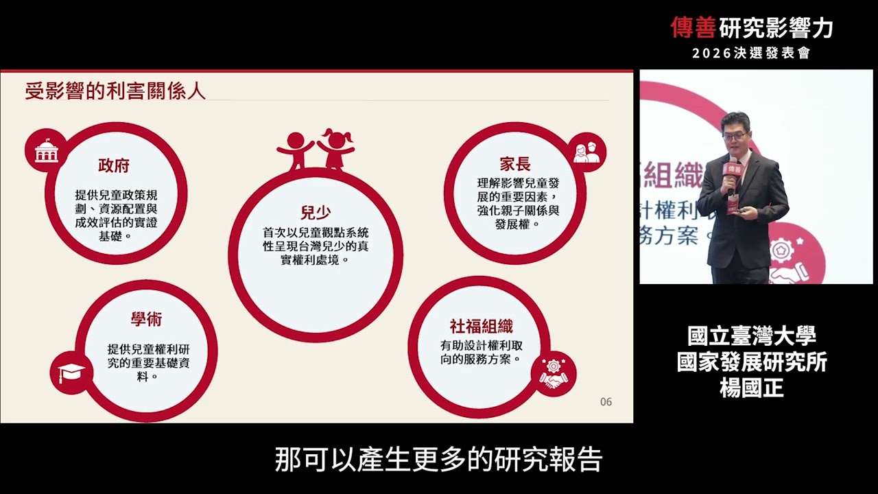 楊國正-台灣兒童權利公約的實現狀況與相關因素探究:以兒童主觀調查為本｜2026傳善研究影響力決選發表會
