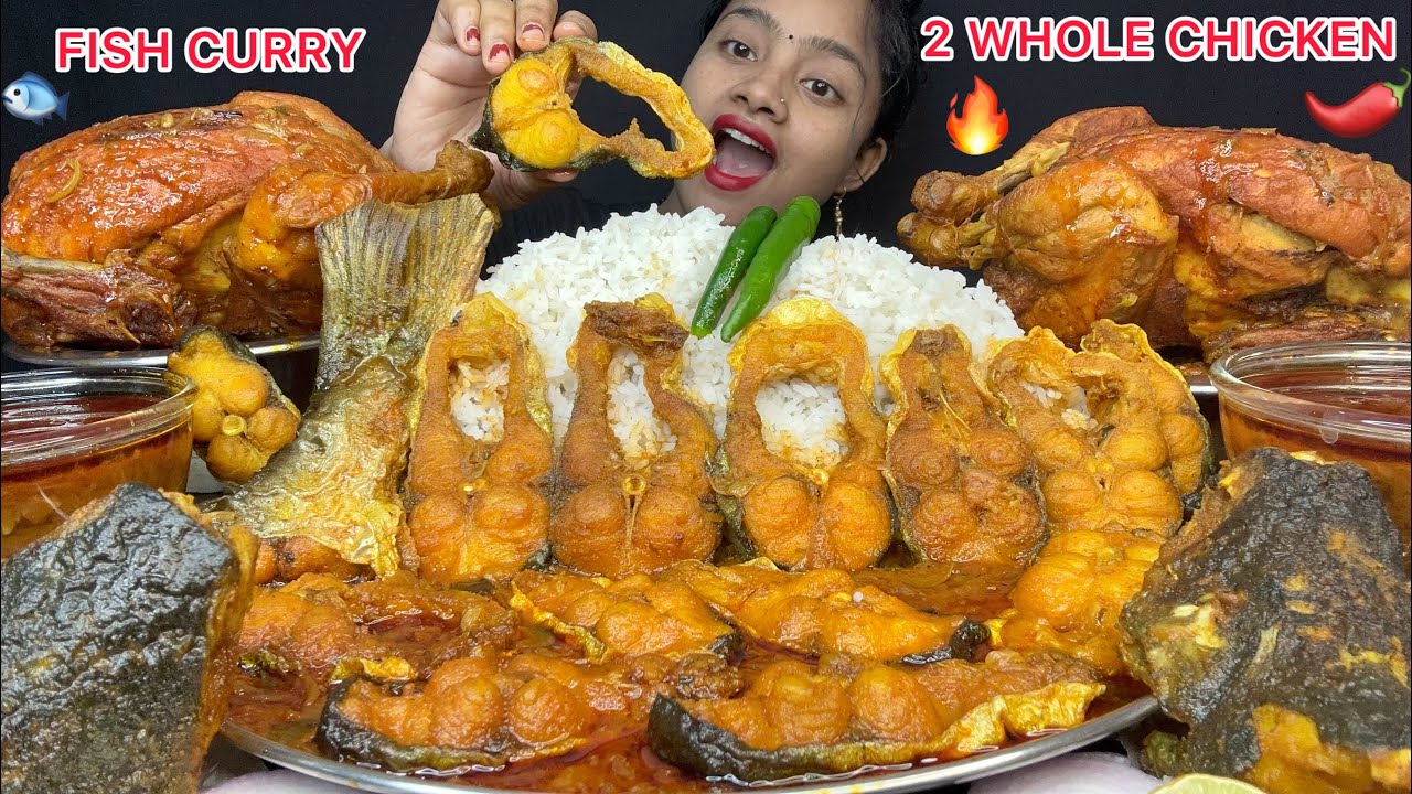 Spicy Fish Curry, 2 Whole Chicken Curry, Fish Head Curry With Rice 🔥 Eating Videos, Food Videos 🌶️🔥