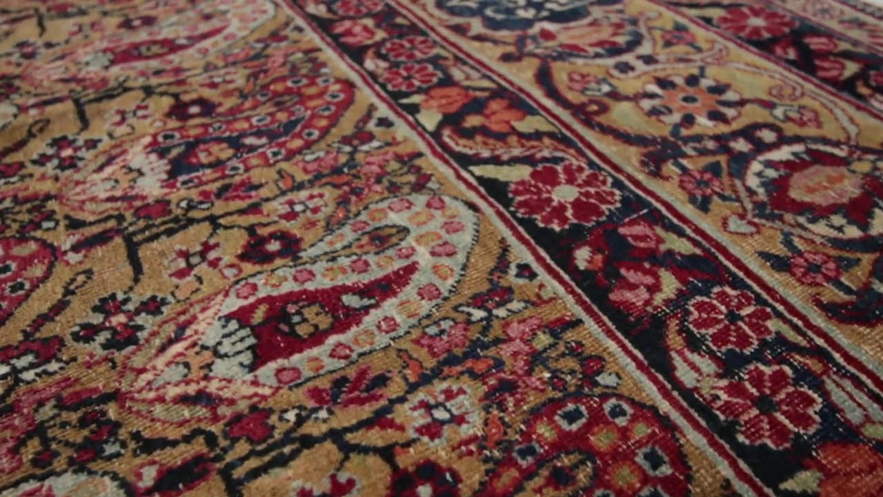 Antique Kerman Lavar Golden-Beige and Purple Wool Rug with Boteh Patterns- 12657