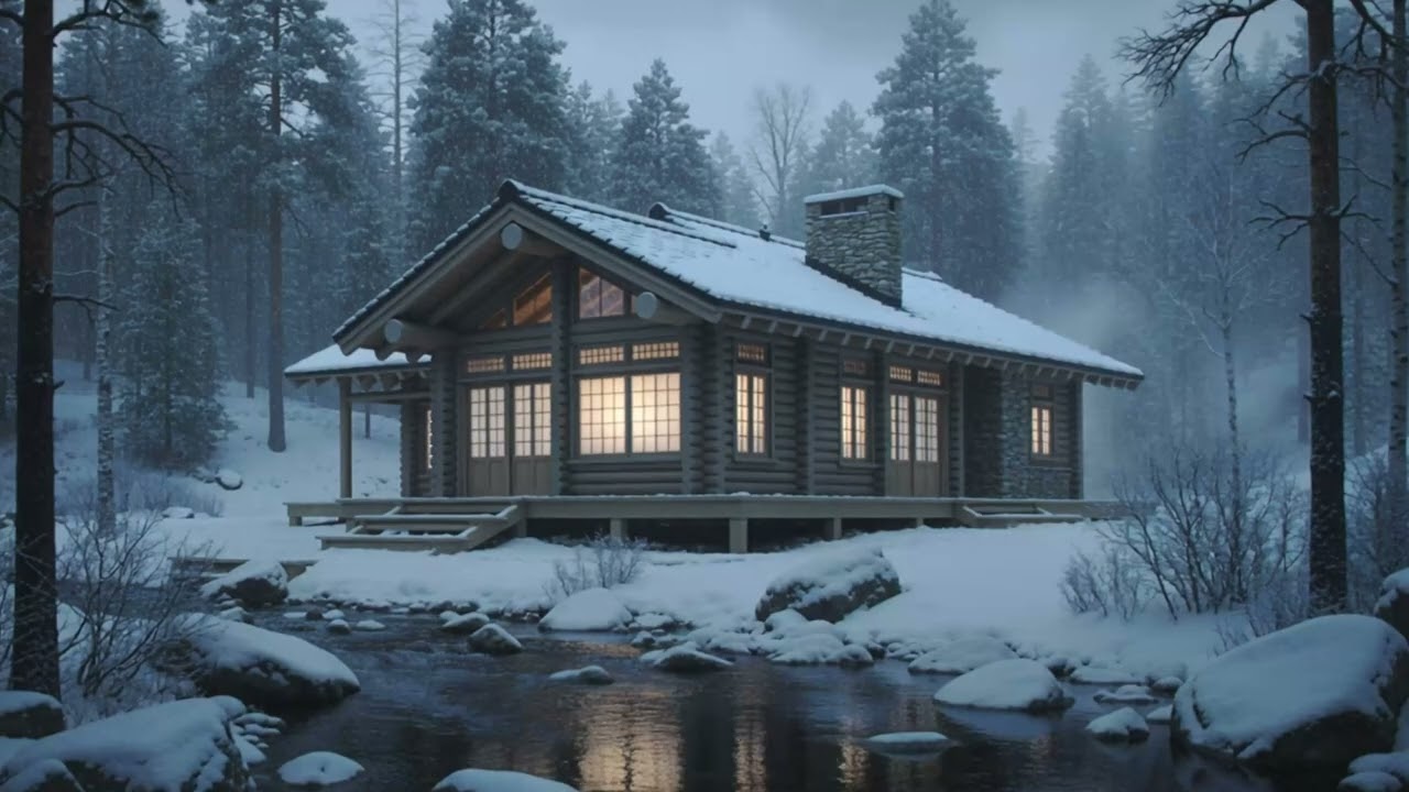 Modern Forest Cabin Retreat 🌲 Snowy Winter Escape with Fire Pit & Water Sounds
