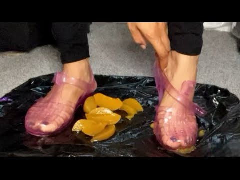 Crushing peaches wearing jelly shoes | ASMR peaches inside of shoes