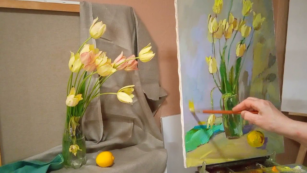 Tulips oil painting. How to paint yellow tulips. My painting process