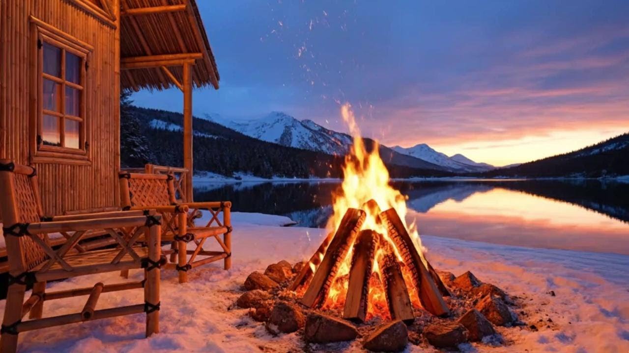 4K ASMR Lake Sunset | Crackling Fire and Calm Breeze by a Bamboo Cabin