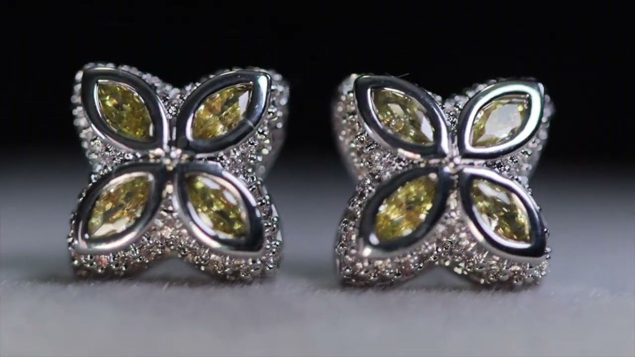 Iced Out Clover Earrings, Hip Hop Clover Earrings, Men's Yellow diamond earrings | Women's Ear Studs