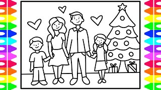 Drawing and Coloring a Family of 4 with a Christmas Tree 💕👦👩👨👧🎄 Easy Drawing and Coloring Page Kids