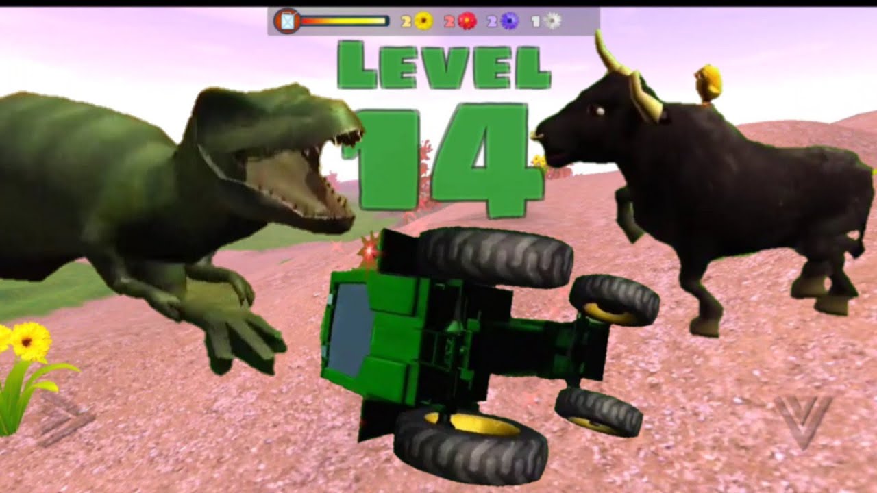 ANIMALES JUGANDO POLLITO PIO EL TIRANOSAURIO REX, EL TORO EL TRACTOR JUEGO DE CORRER YouTube