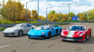 Forza Horizon 4 Drag race: Ferrari 488 Pista Piloti vs Aventador SV vs Porsche 911 Turbo S (800hp)