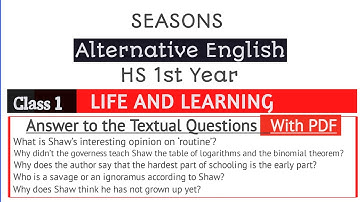 Life and Learning Questions and Answers | Class 1 | Alte. English | Class 11 | #downloadpdf #notes