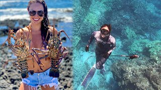 HOTTIE Grabs Her First Hawaiian LOBSTER! - Spearfishing Hawaii