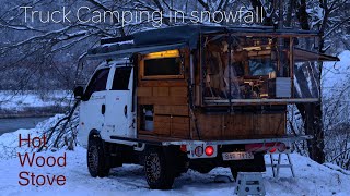 [4k wide] Heavy snow, truck camper with hot wood stove, camping alone in the snow