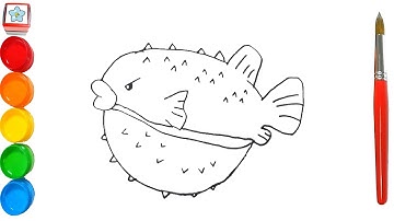 Vẽ con vật #128: Vẽ Cá nóc nhím | How to draw a Porcupine pufferfish (Diodon holocanthus)