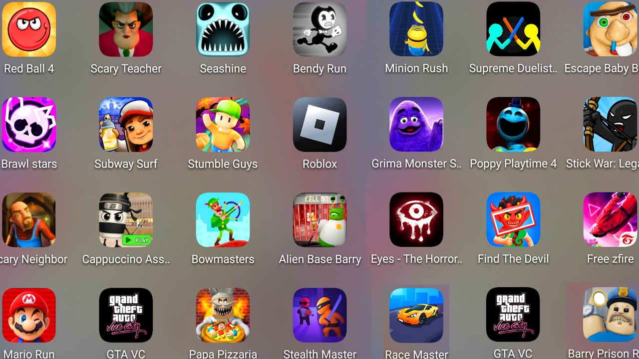 Roblox,Poppy Playtime 4,Scary Teacher 3D,Bendy Run,Scary Strange 3D,GTA VC,Stumble Guys,Free Fire...