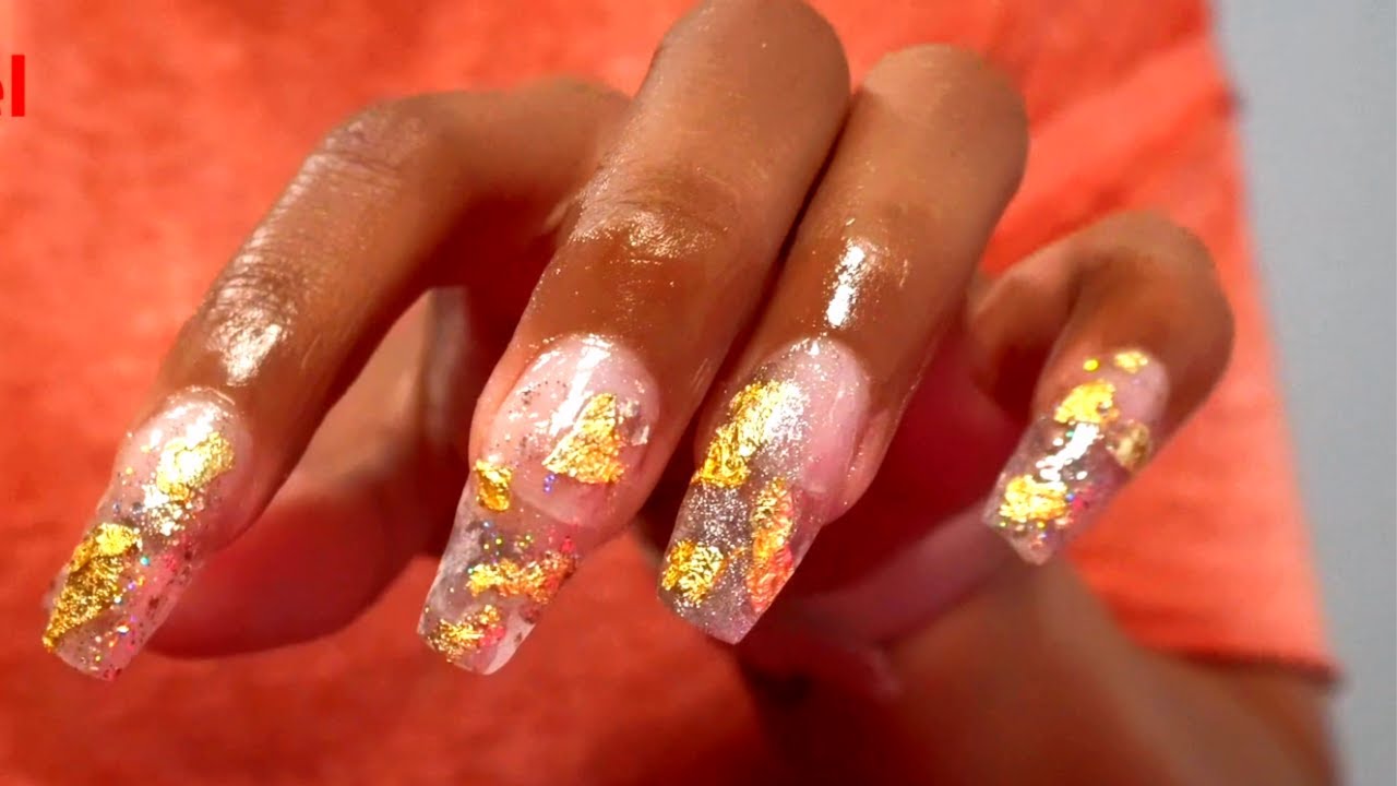 Jade polygel nails with gold flakes : r/Polygel