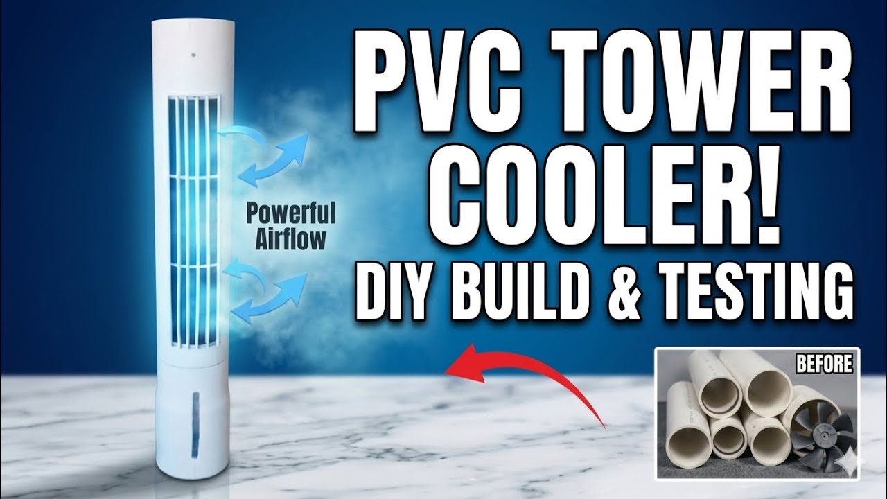 PVC tower fan cooler build with evaporative pads and water pump
