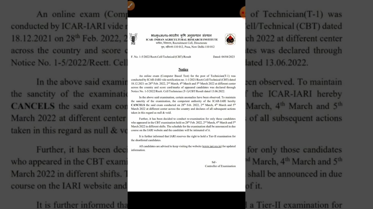 😱😱 Icar Technician(T-1) Exam cancel ❌ 🔥 
