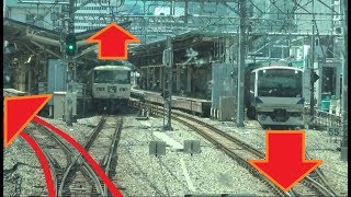 新幹線上の区間で特急ときわE657系とすれ違う上野駅～東京駅間を走行する上野東京ライン常磐線上りE531系