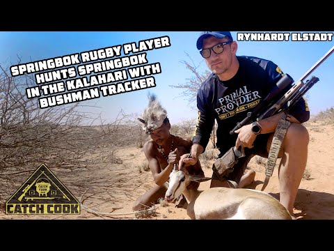 Springbok Rugby Player hunts Springbok with Bushman in Kalahari