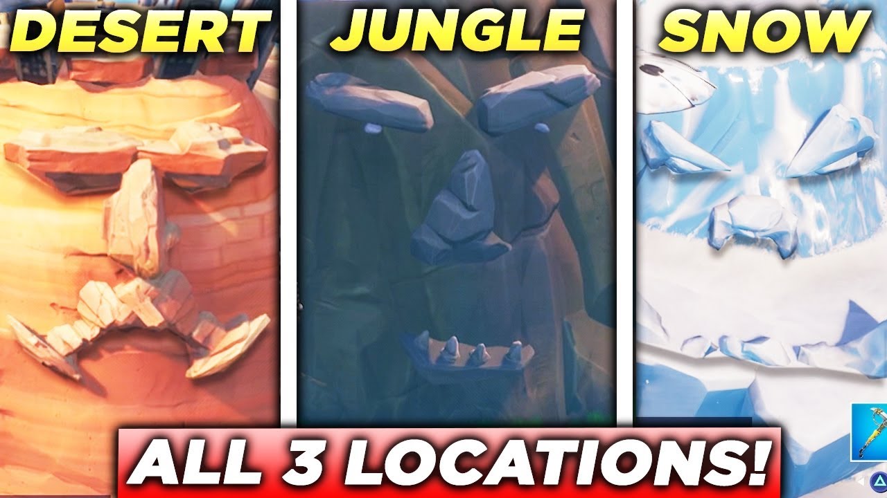 visit a giant face in the desert the jungle and the snow all 3 locations fortnite challenge - fortnite season 8 week 1 visit a giant face in the desert the jungle and the snow locations