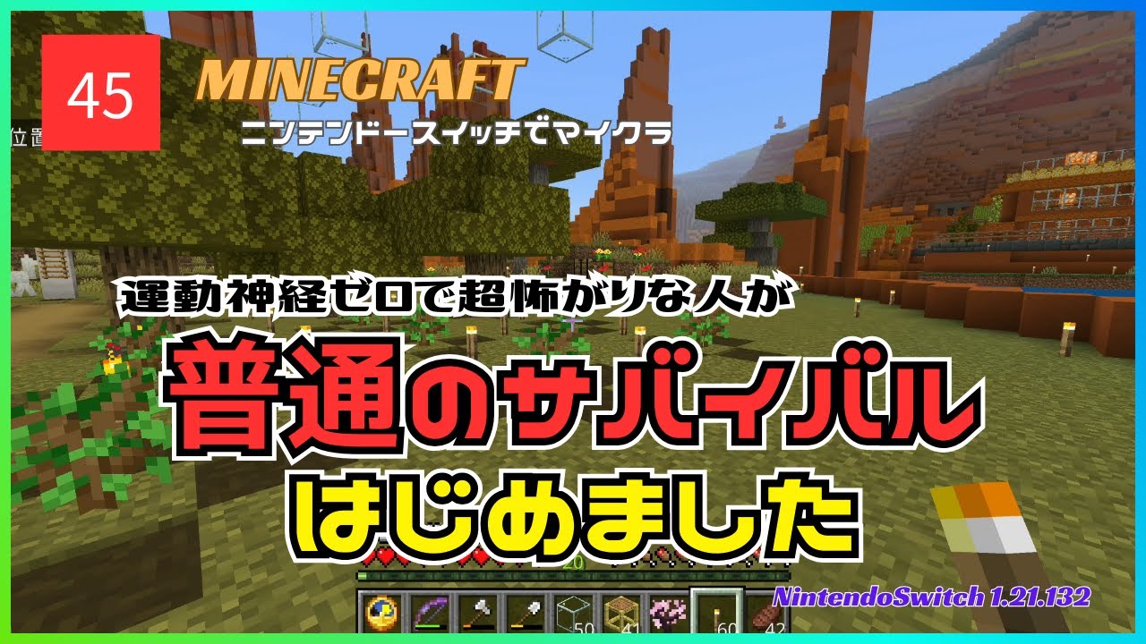 【ニンテンドースイッチでマイクラ】運動神経ゼロで超怖がりな人が普通のサバイバルはじめました☆＃45：メサに緑を！高さ制限あり簡易植林場【女性実況/switch2/統合版/1.21.132】