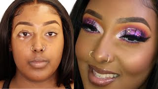 How To : Purple Glitter Cut Crease | Hair &amp; Makeup Glam FT. Asteria Hair | Step By Step Eyeshadow