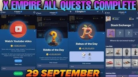 29 September All Quests Code X Empire | Riddle Of The Day | Rebus Of The Day | YouTube Video Code