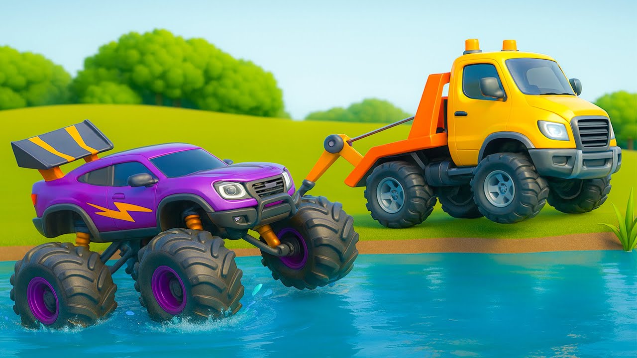 Monster Truck Stuck in Water 💥🚙 Heavy Tow Truck Steps In | Vehicle Animation