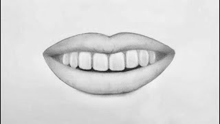 Gleaming grin pencil portrayal of lips and teeth and tongue