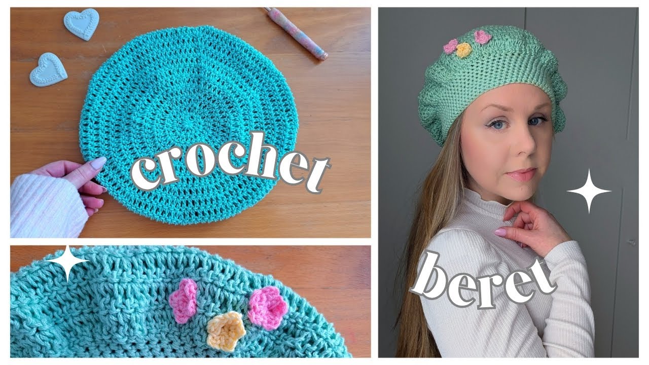 2442 Byos Chic Parisian Style Lightweight Crochet Beret Beanie Hat W/flower How to crochet spring flower beret hat by marifu6a - YouTube main image 2