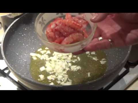 zucchini risotto and red prawns