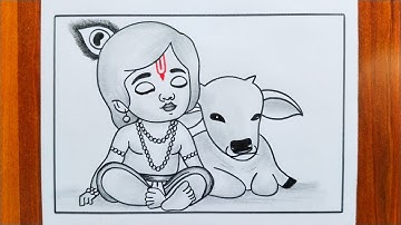 How To Draw Krishna With Cow / Krishna Drawing / Easy Drawing Step By Step / Krishna Bhagwan Chitra