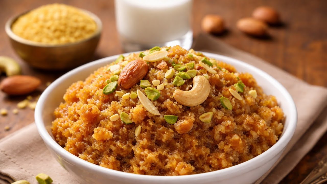 “लहान-मोठ्यांसाठी परफेक्ट! मूग डाळ हलवा– ऊर्जा आणि स्वाद एकत्र! 🍴”