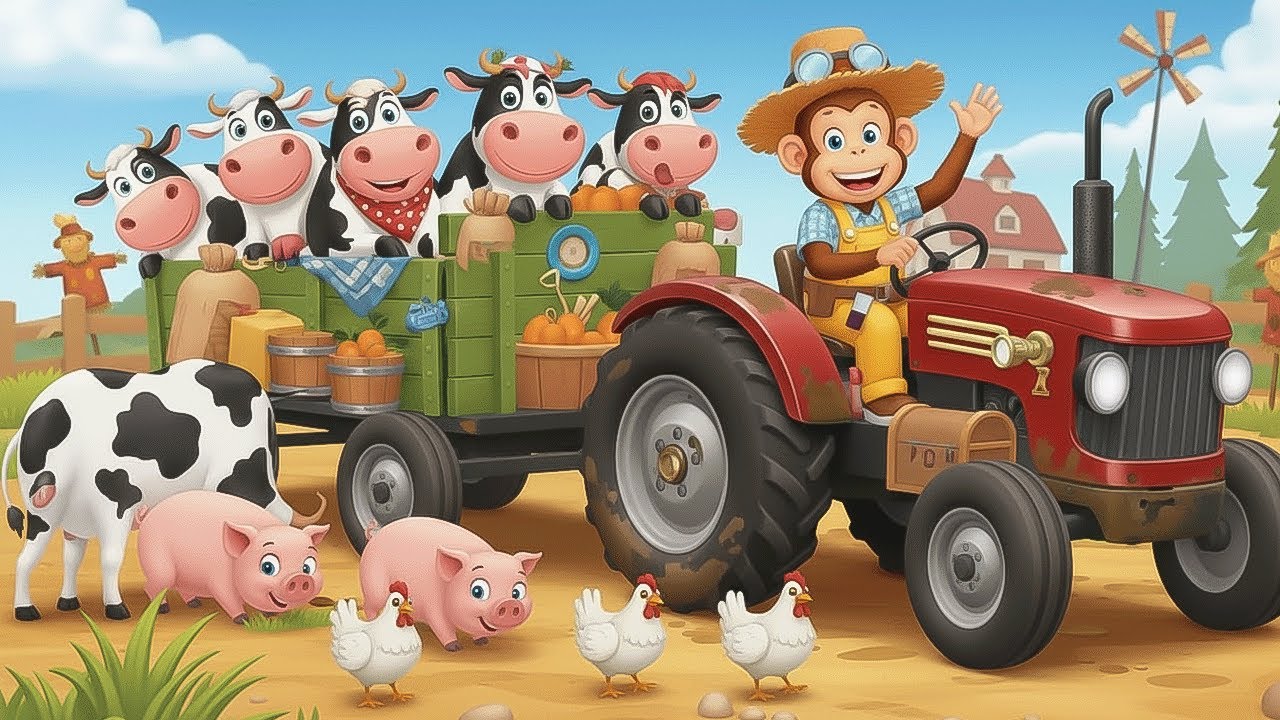 🐒Funny Monkey Farmer Drives the Tractor and Moves All the Animals to the Farm! | Monkey Tractor Farm