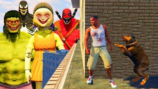 Franklin play HIDE AND KILL with Squid Game Doll & AVENGERS In GTA 5...
