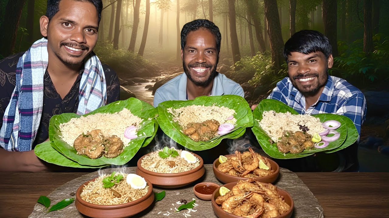 కొబ్బరి పులావ్-పెద్ద రొయ్యల వేపుడు | Coconut Rice with Prawns Fry | Forest Cooking