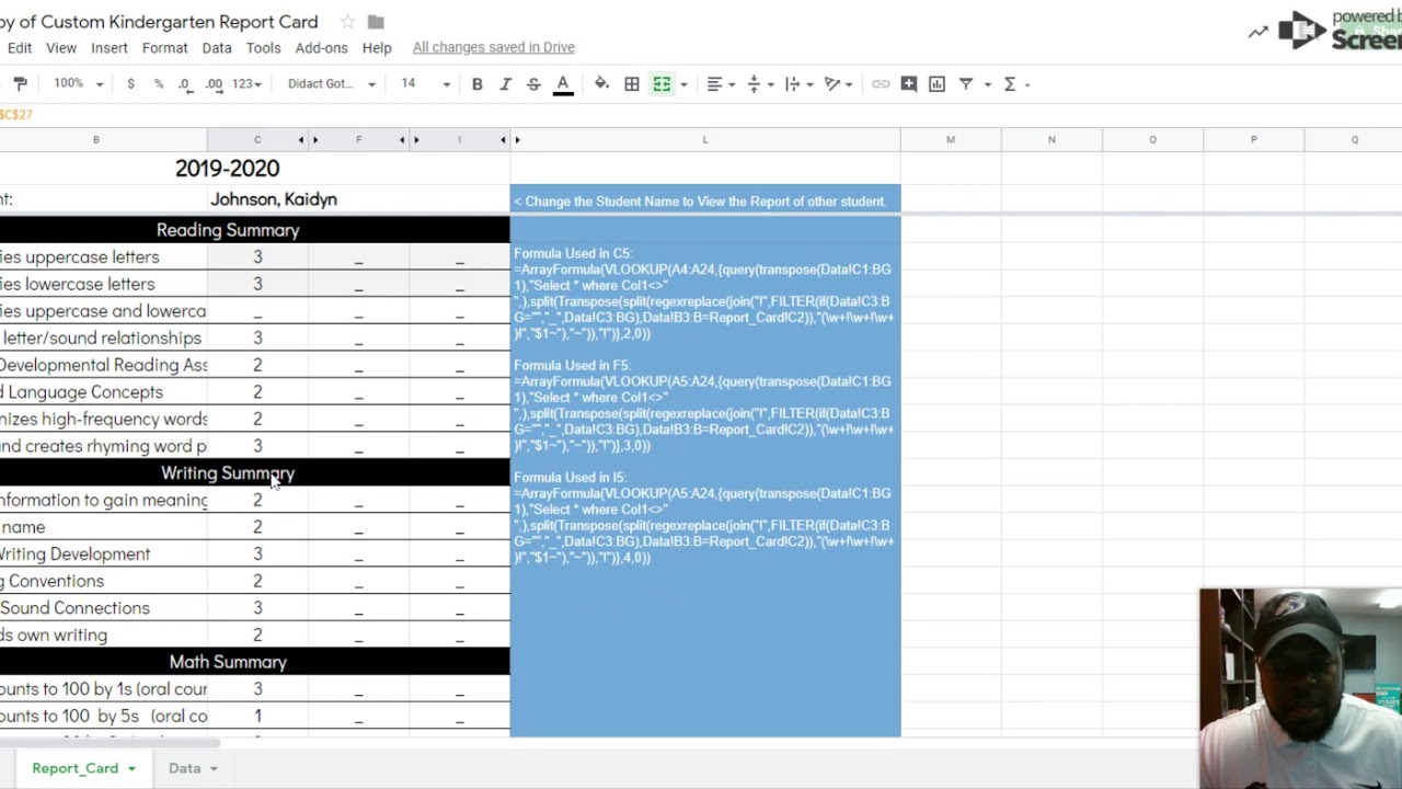 Copy of Custom Kindergarten Report Card - Google Sheets - YouTube