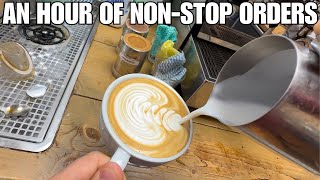 POV - Barista works at a PACKED cafe during a heatwave